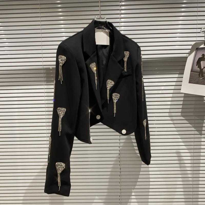 DEAT Women Tassel Chain Long Sleeve Suit Half Straight Pants Two Piece Set Fashion Spring Summer 11B060 210709