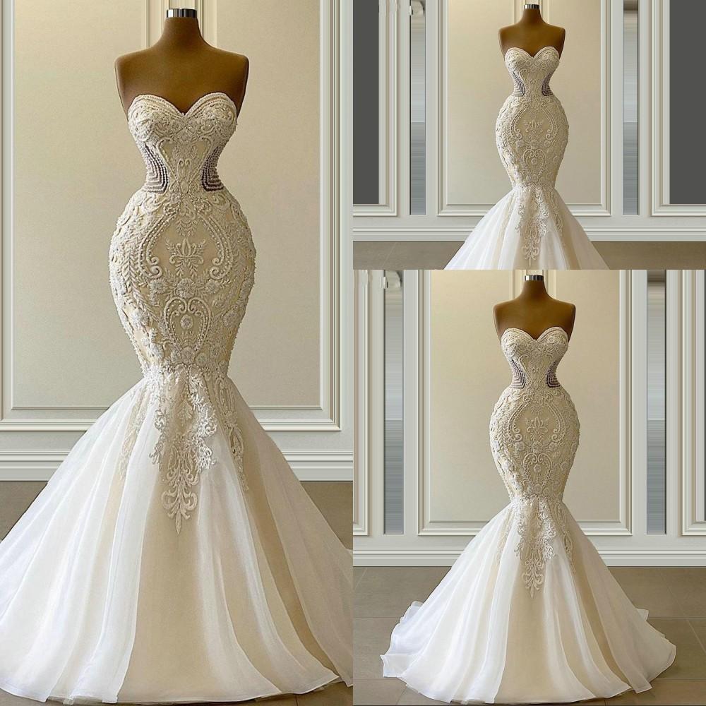 2021 Sexy Vestido De Novia Mermaid Wedding Dresses Formal Bridal Gowns Sweetheart Embroidery Lace Appliques Crystal Beads Luxury Illusion Sweep Train 
