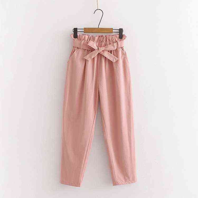 Summer Elastic Waist Casual Pants Women With Belt Cotton Harun Womens Pink Ladies Wide 211115