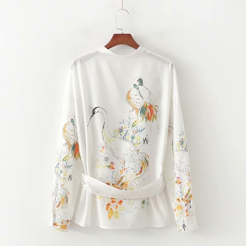 new women vintage cross v neck printing casual kimono blouse belt chic shirt retro long sleeve femininas blusas tops T200321