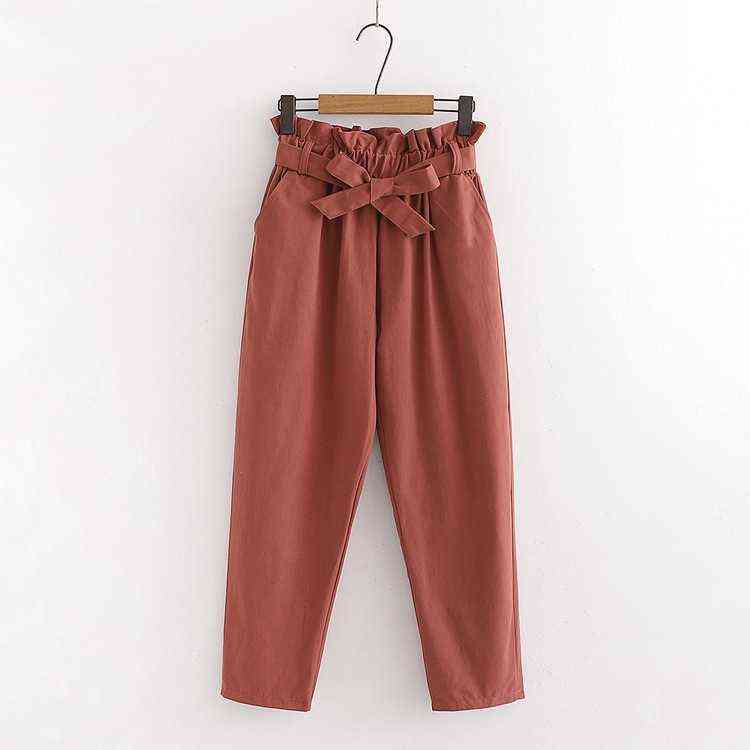 Summer Elastic Waist Casual Pants Women With Belt Cotton Harun Womens Pink Ladies Wide 211115