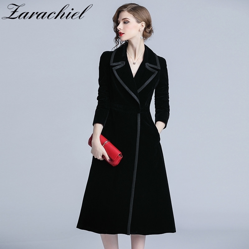 Autumn Winter Velvet Trench Coat Women Abrigo Mujer Long Elegant Notched Outwear Female Overcoat Slim Black Cardigan Trench T200828