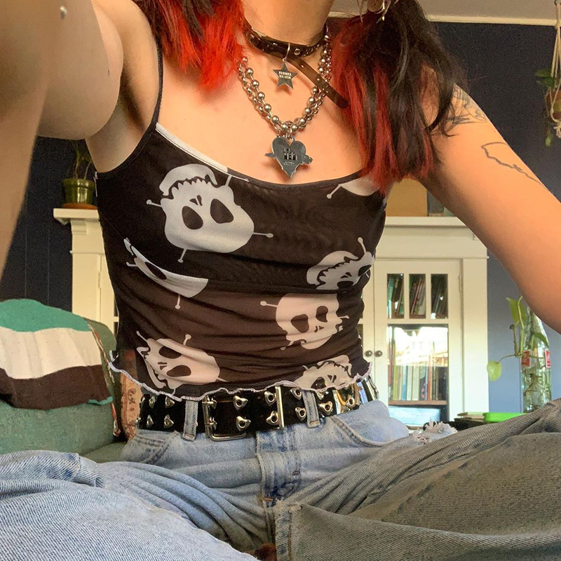 Sexy Transparent Skull Print Camis Crop Top 2021 Summer Sleeveless Black Casual Gothic Streetwear Fashion Backless Tops, White
Sexy Transparent Skull Print Camis Crop Top 2021 Summer Sleeveless Black Casual Gothic Streetwear Fashion Backless Tops, White