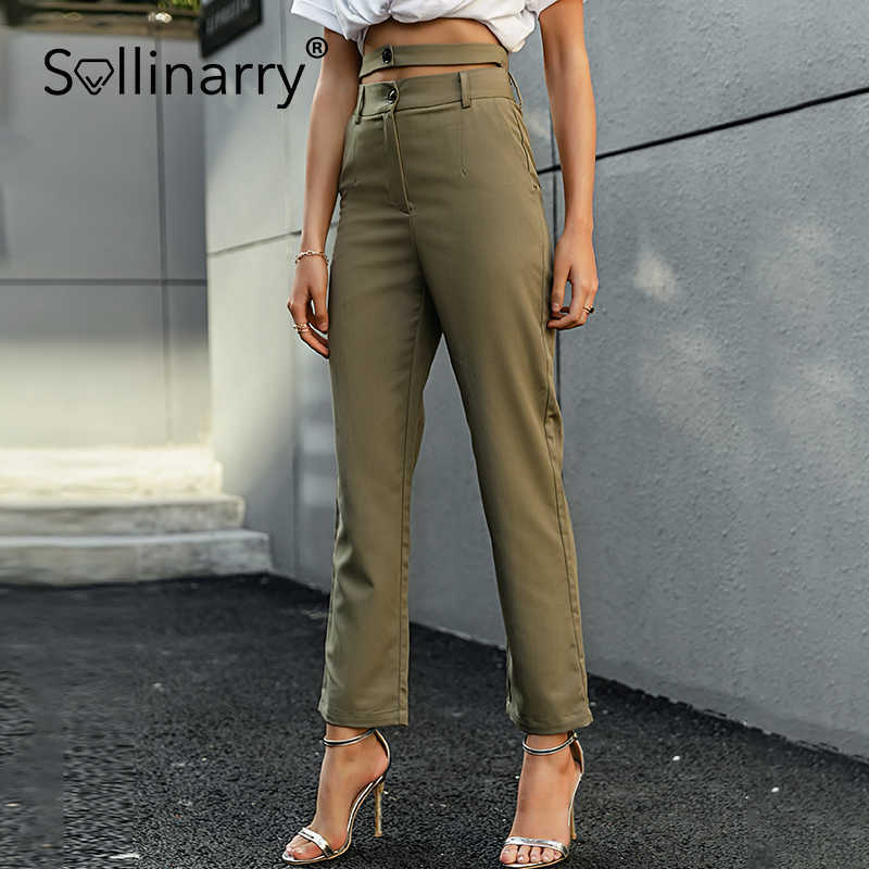 Sollinarry Fashion double waistband hem pants women Retro green loose straight trouser High waist slim leisure summer capris 210709