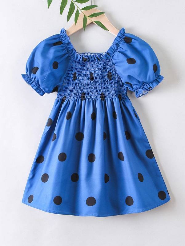 Toddler Girls Polka Dot Puff Sleeve Shirred Frilled Dress SHE