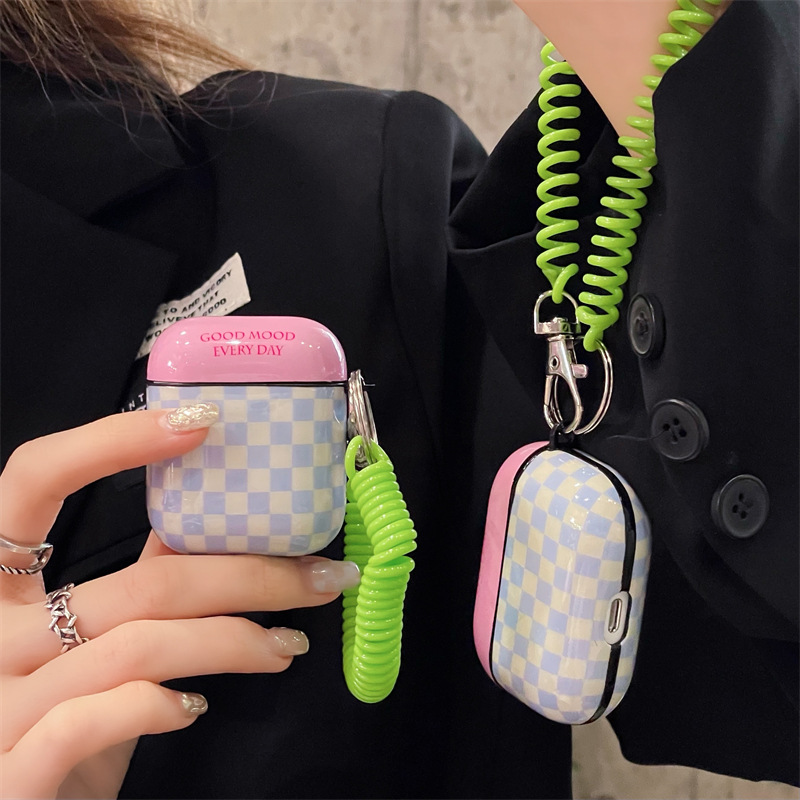 

Portable Earphone Protective Cover Cases IMD 3D Cartoon Korean Style Letter Grid Headphone Case for AirPods Pro 3 2 1 with Carry Spring Strap, A for airpods 1/2