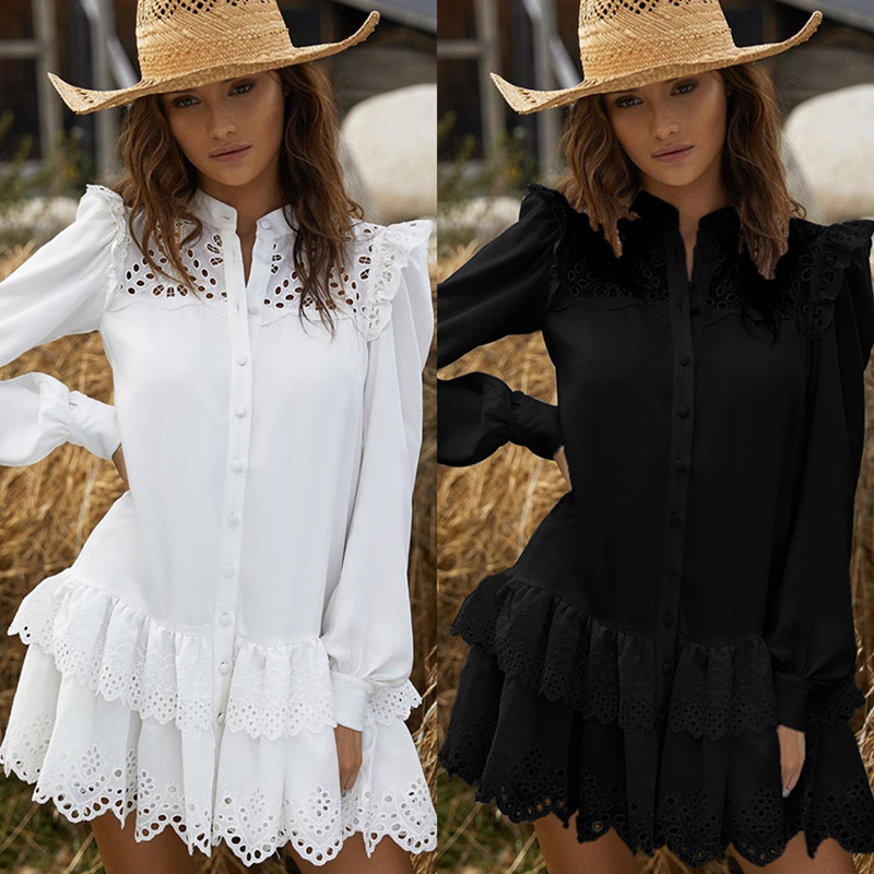Women Solid Lace Shirt Dress Spring Elegant Ladies Stand Collar Hollow Out Single-Breasted Cascading Ruffles Mini Dresses 210309