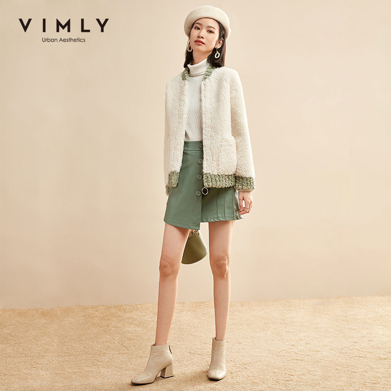 Vimly Autumn Winter Women Lambs Wool Coat Vintage Patchwork Round Neck Zipper Pocket Casual Female Thick Short Jacket 30263 201019