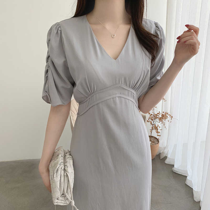 Korejpaa Women Dress Summer Korean Chic French Elegant V-Neck Tie Waist Slimming Solid Color Pleated Short-Sleeved Vestidos 210526