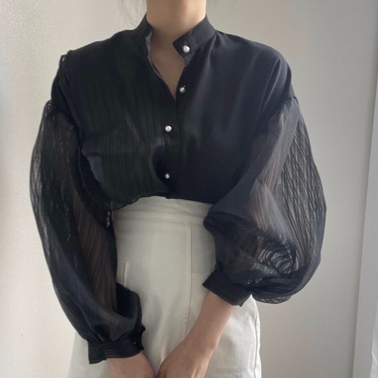 [EWQ] Spring New Stand Collar Chic Pearl Button Loose Perspective Mesh Stitching Lantern Sleeve Shirt Women Blouse Blusas 210225