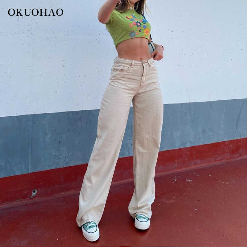 Straight Leg Beige Jean Pants Women Fashion Wide Mom Y2K Pant Summer Classic Streetwear Baggy Trousers High Waist Loose 210922