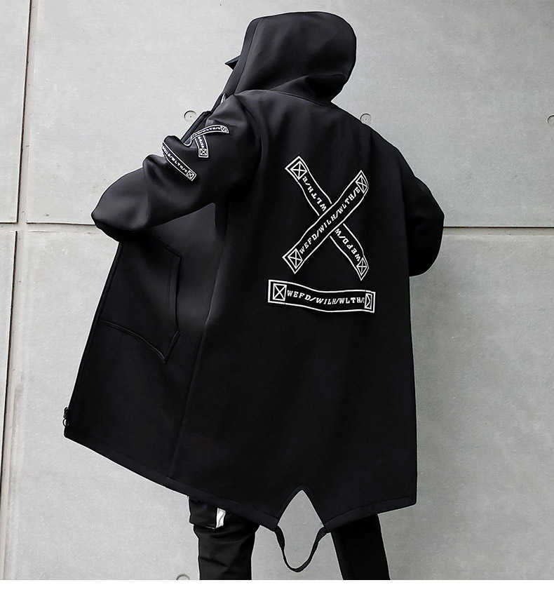 Hooded Trench Coat for Men Fashion Webbing Spring Autumn Harajuku Windbreaker Overcoat Male Casual Outwear Hip Hop Jacket 210819
