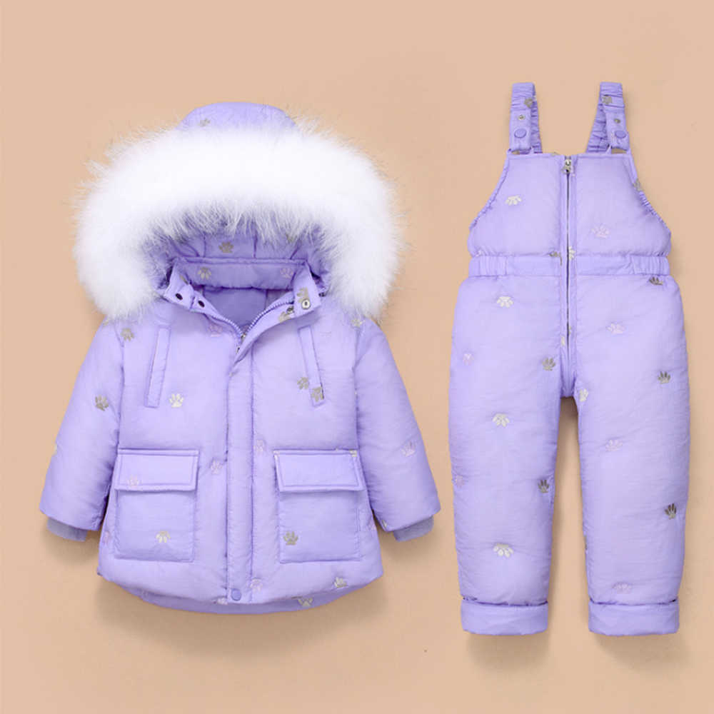 Mudkingdom Baby Girls Winter Down Snowsuit Set Embroidery Overalls Fur Hood Toddler Year Clothing 210615