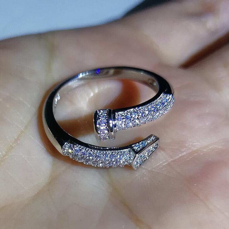 Sparkling Luxury Jewelry 925 Sterling Silver Classical 925 Sterling Silver Open Ring Pave White Sapphire Women Nai Wedding Adjustable Ring