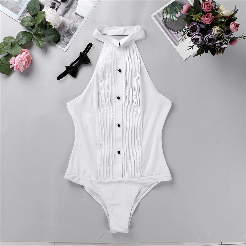 Womens One-piece Body Shirt Sleeveless Haltered Wing Tip Collar Backless Tuxedo Shirt Bodysuit with Bow Tie Work Wear Bodysuits Y200904