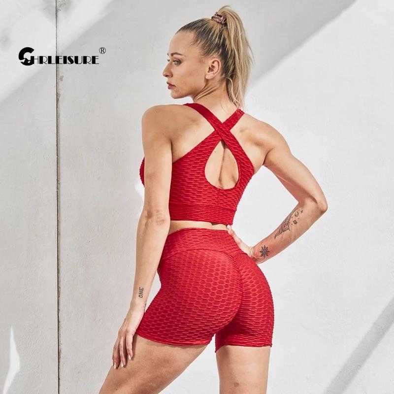 CHRLEISURE 3 Piece Yoga Set Fitness Anti Cellulite Gym Suits High Waist Leggings Shorts Push Up Tank Bra Sports Tracksuit 210909