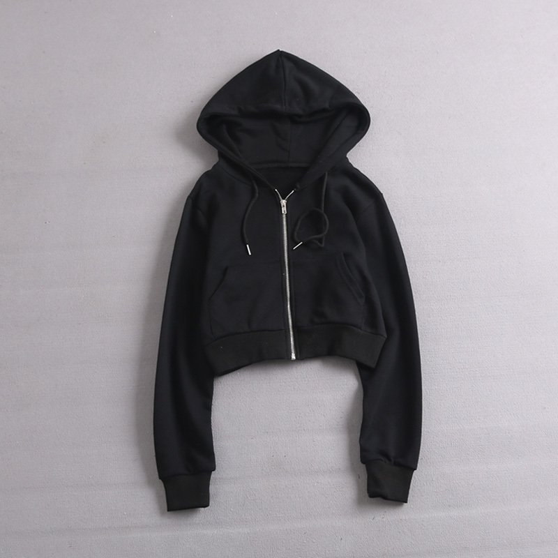Front Pockets Zip Up Hoodies Women Spring Fall Solid Color Crop Top Casual Sweatshirt Ladies White Black Cropped Hooded 201102