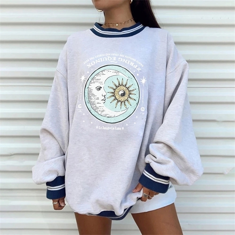 Casual Sun Print Hoodies Women Female Autumn Winter Harajuku Pullovers Long Sleeve Plus Size Sweatshirt Womens Streetwear 201113