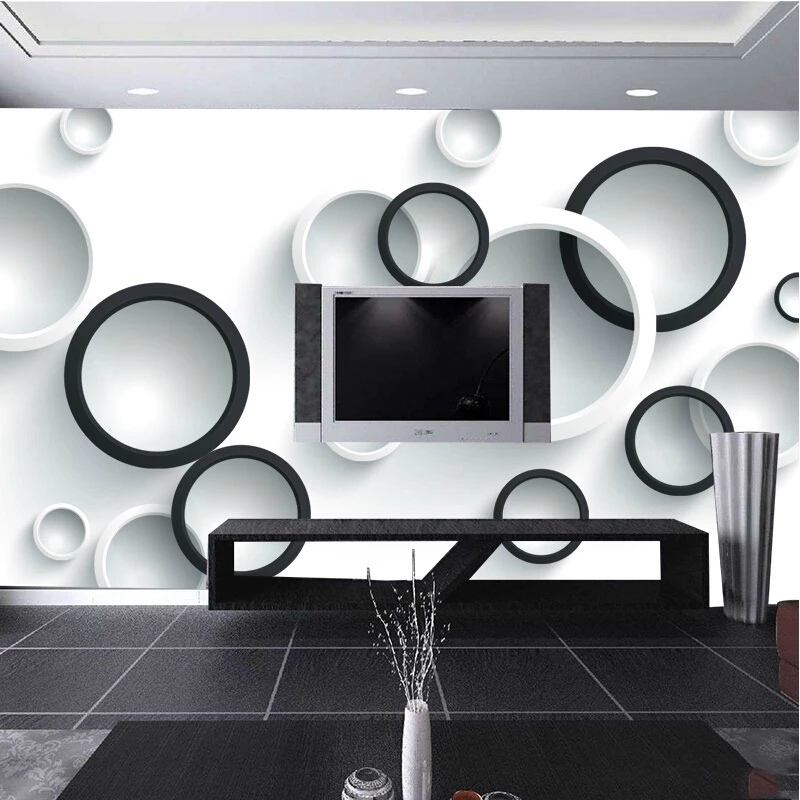 Custom 3D Stereo Mural Wallpaper Modern Black And White Circles Photo Office Study 3D Room Landscape Waterproof
