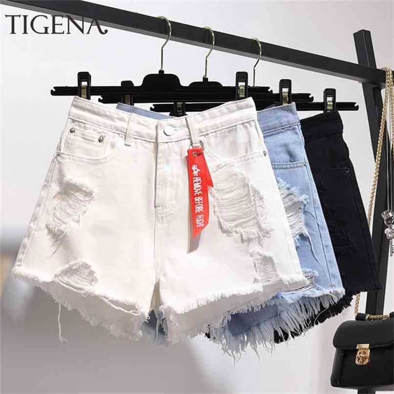 TIGENA High Waist Denim Shorts Women Summer Pocket Tassel Hole Ripped jeans Female Femme Pants 210714