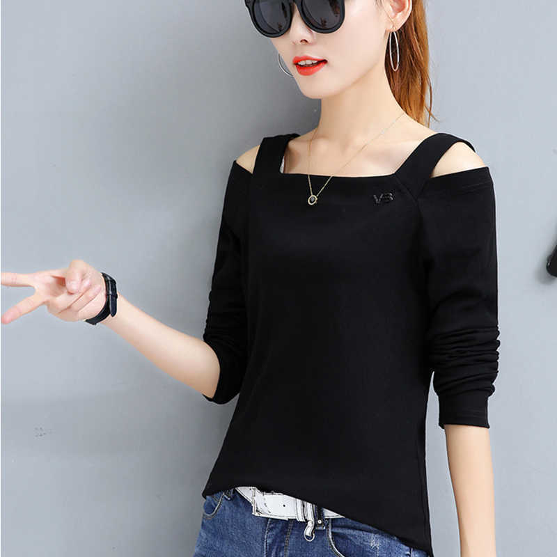 shintimes Off The Shoulder Tops For Women Korean Clothes Womens Cotton Long Sleeve T Shirt Poleras Mujer Full T-Shirt Femme 210615Z