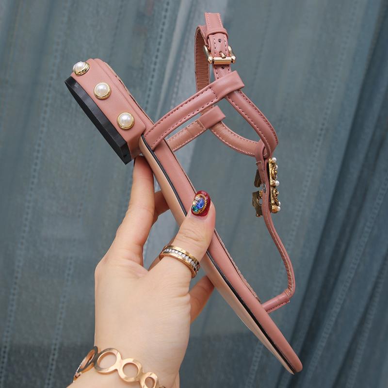 brand Genuine Leather Women Sandals flats Runway Ankle Strap 2cm Flats Shoes Ladies Summer Holiday Beach Sandals Party Shoes