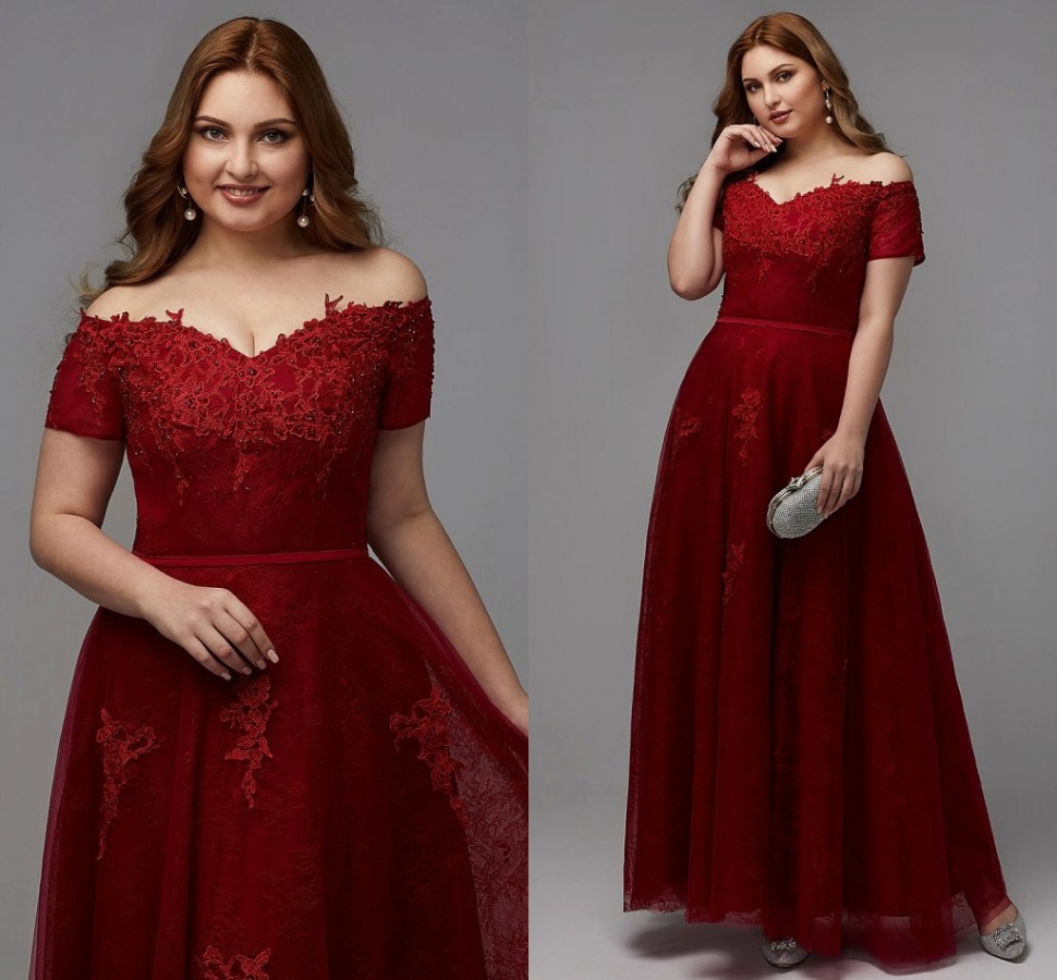 A-Line Plus Size Burgundy Engagement Evening Dress Off Shoulder Lace-up Short Sleeve Lace Appliques Formal Party Gown New Robes De Soirée Vestidos Fea