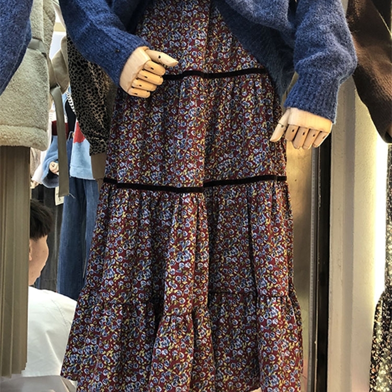 Autumn & Winter Arrival Korean Style Floral Print Aline Skirt Stitching Chiffon Skirt Velvet Skirt 210306