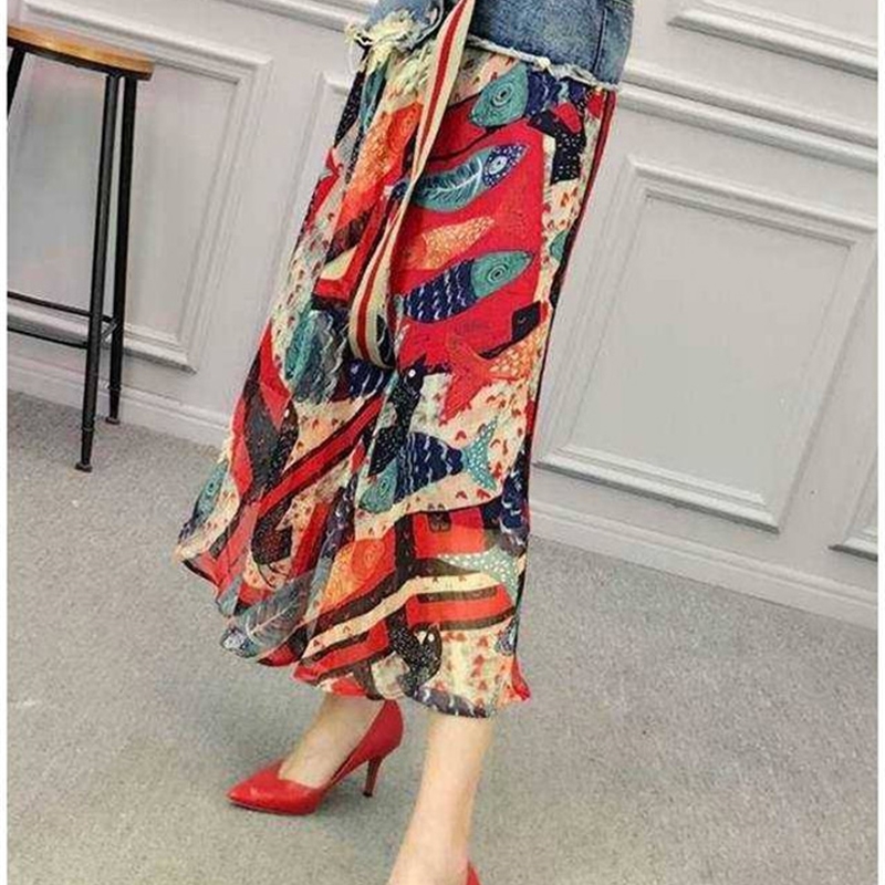Skirts Women Style Womens Clothes Elegant Party Skirt Print Fashion Casual Summer A-line Polyester Sashes Mid-calf 220312
