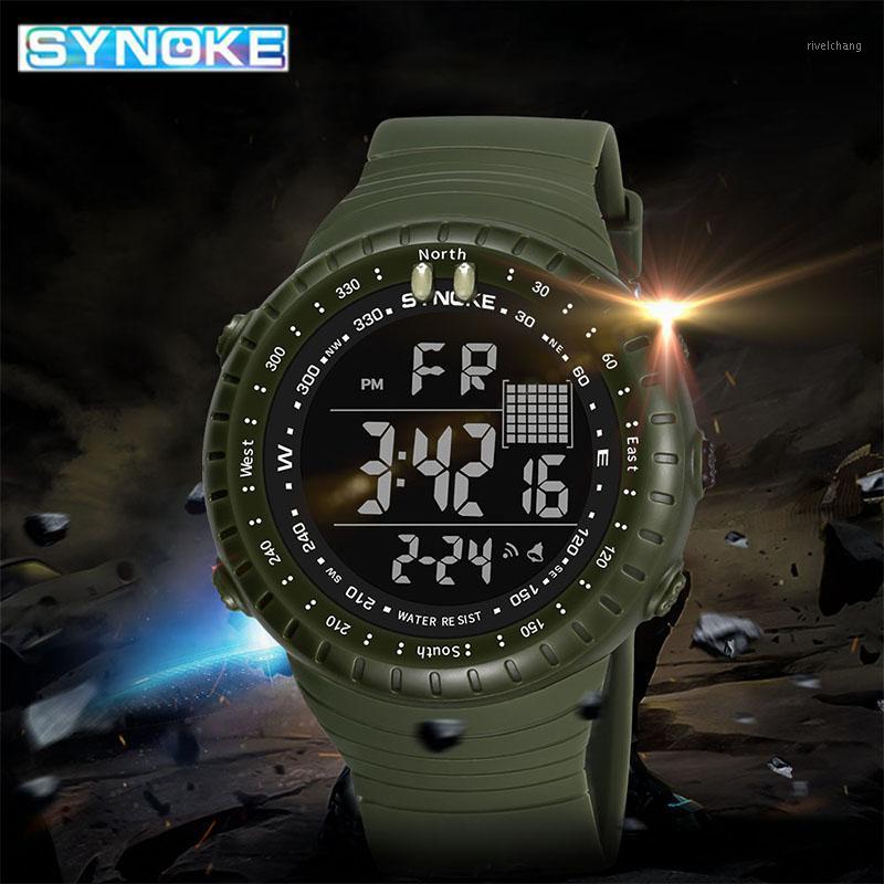 Outdoor Sport Watch Men Alarm Clock 5Bar Waterproof Military Watches LED Display PU Strap Digital Montre Homme Wristwatches, Green