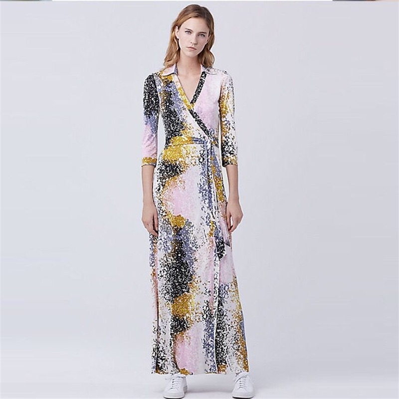 D family spring and Autumn New Women's printed milk silk dress seaside holiday beach long, Long yellow pink collar
D family spring and Autumn New Women's printed milk silk dress seaside holiday beach long, Long yellow pink collar
