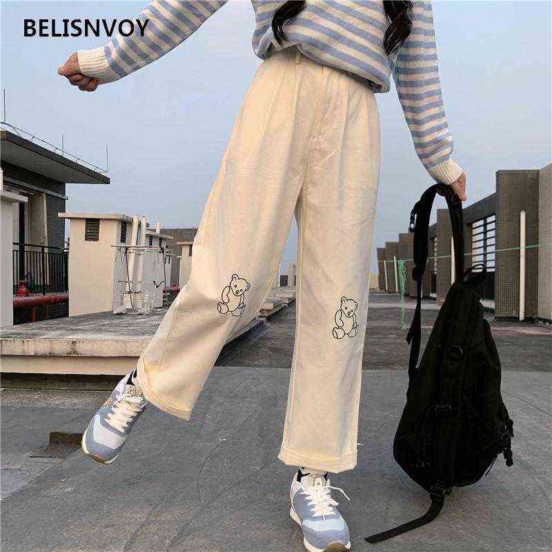 Japanese Kawaii Harajuku Teen Girls Loose Bear Embroidery Wild Leg Baggy Pants Casual Female Sweet Cute Sweatpants Trousers 211115
