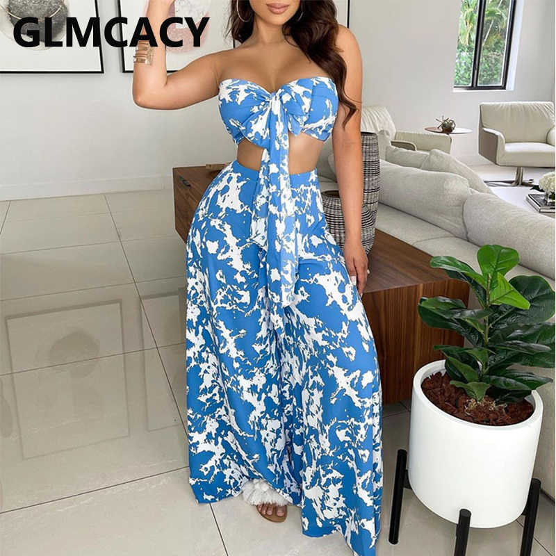 Two Piece Sexy Suits Tie Front Tube Top & Wide Leg Loose Pants Set Summer Beach Outfits 210702