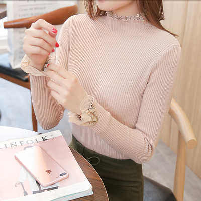 Slim Short Paragraph Bottoming Sweater Spring Half-high Collar Women Solid Color Lace Thickening Inside 7569 50 211011Z