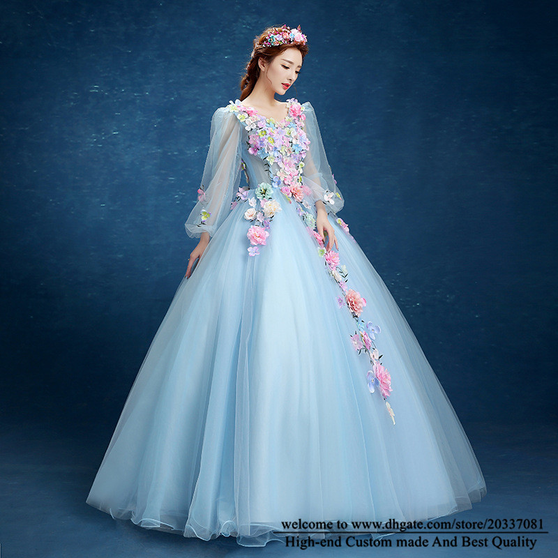 Quinceanera Dresses 2021 Sexy V-Neck Flowers Party Prom Formal Lace Up Princess Long Sleeve Ball Gown Tulle Vestidos De 15 Anos Q36