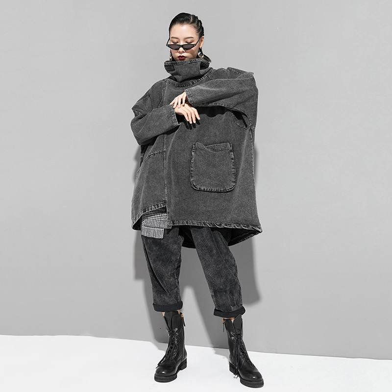 [EAM] Loose Fit Black Denim Oversized Sweatshirt New High Collar Long Sleeve Women Big Size Fashion Spring Autumn 1K166 201106