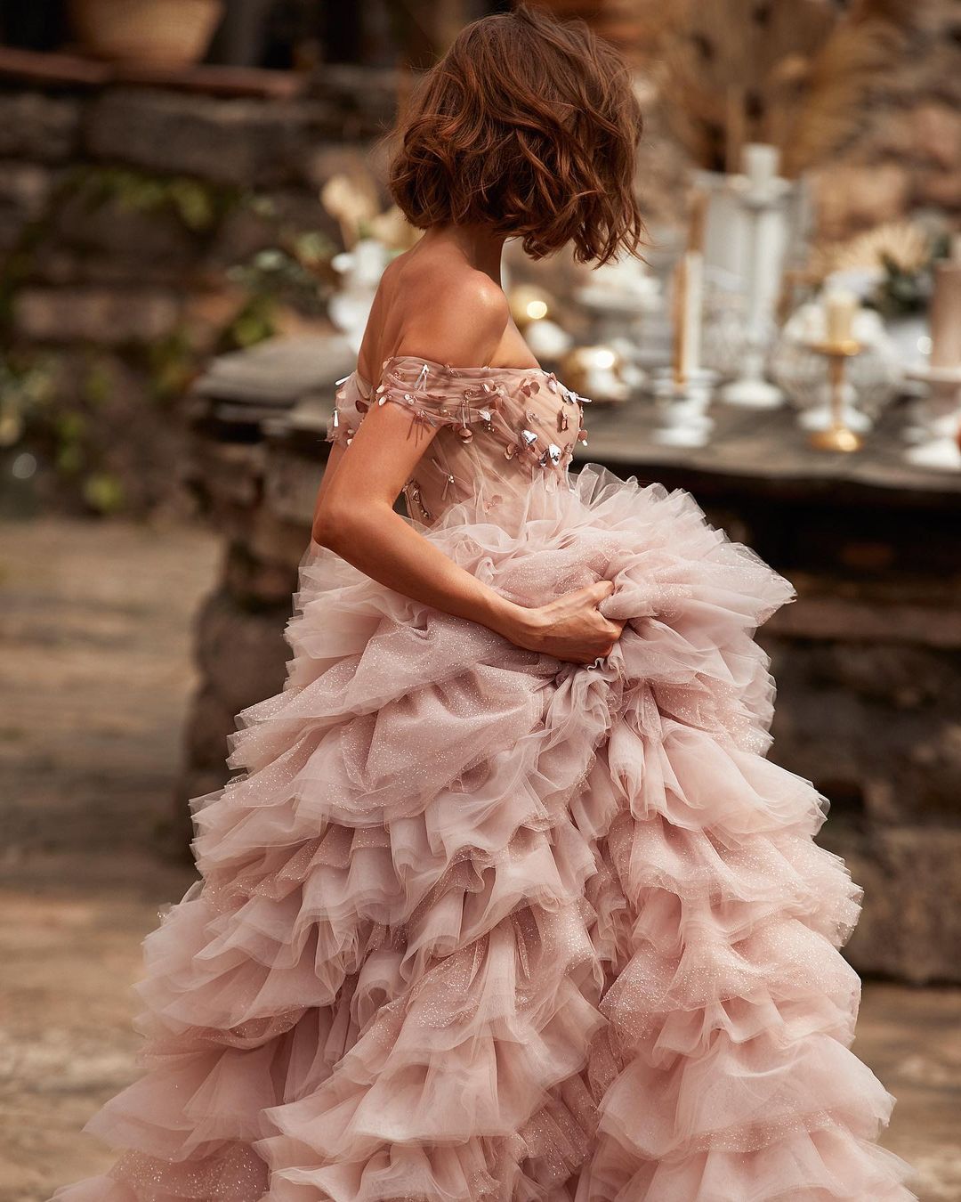 Wedding Blush Beaded Dresses Off The Shoulder Neck A Line Tiered Ruffles Bridal Gowns Sweep Train Tulle Robe De Marie