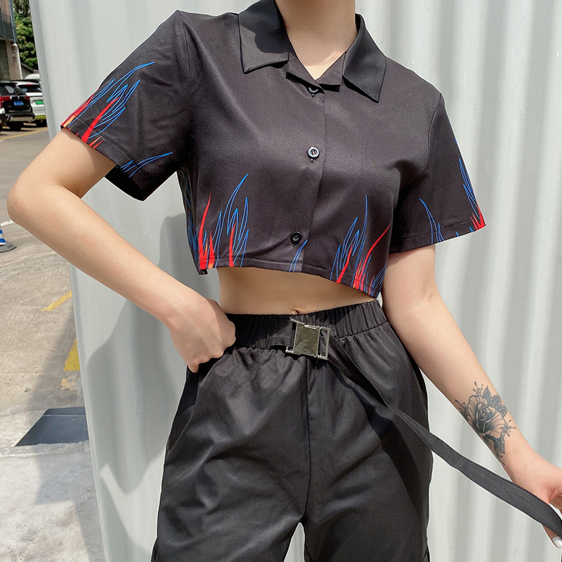 Waatfaak Single Breasted Flame Print Crop Top Tee Shirt Women Turn-down Collar Short Sleeve T-shirt Black Casual High Street T200512