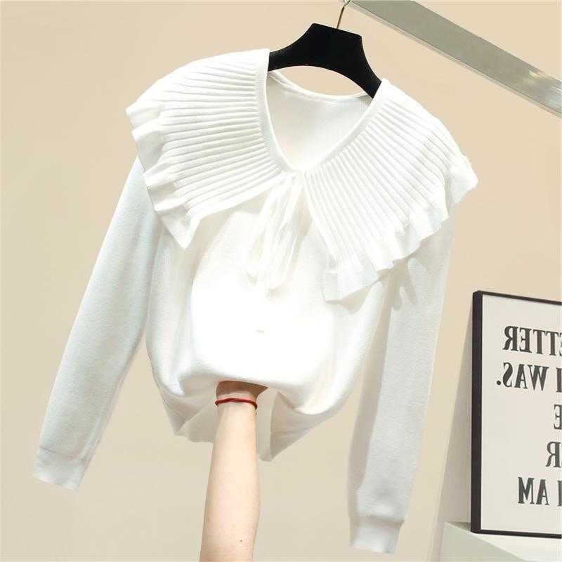 Peter Pan Collar Knitted Pullovers Woman Long Sleeve Solid Soft Fall Sweater Lace Up Elegant Office Lady Jumpers 211018