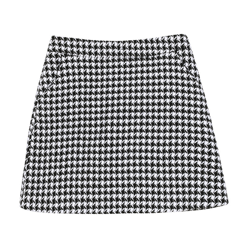 Winter Woolen Plaid Mini Skirt For Women Autumn Slim Houndstooth High Waist Womens Skirts Female Fashion Spring Skirts 210309
