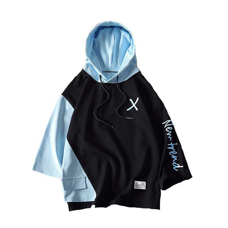 Half Sleeve Hoodies T-shirt Sweatshirts Men Hooded Casual Male Lace Up big X print 210629