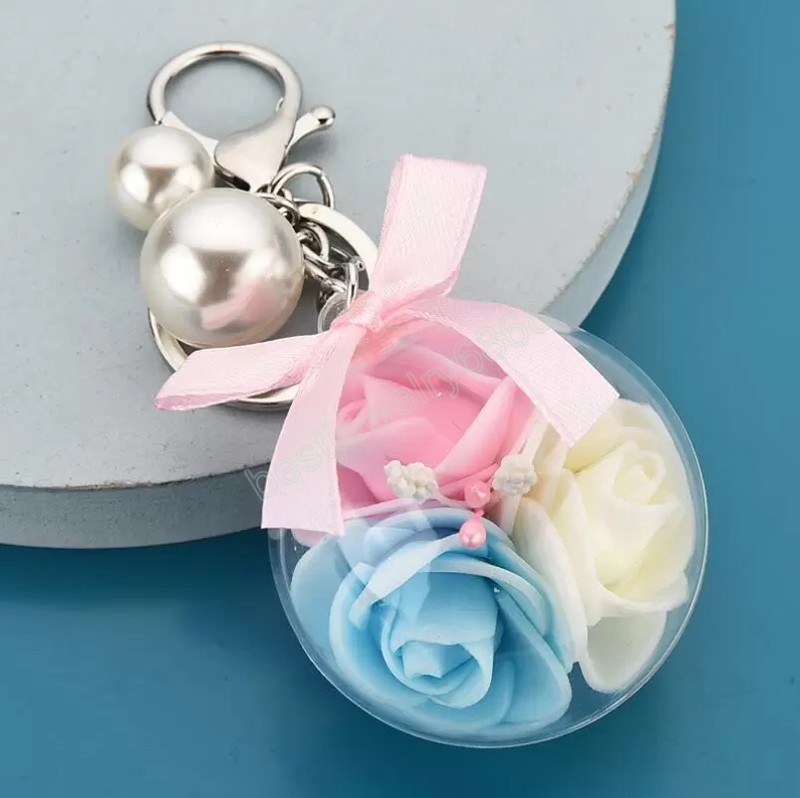 Fashion women Transparent Acrylic Ball Pendant keychains simulation rose flower Charms Pearl Lovely car bag Keychain Accessories