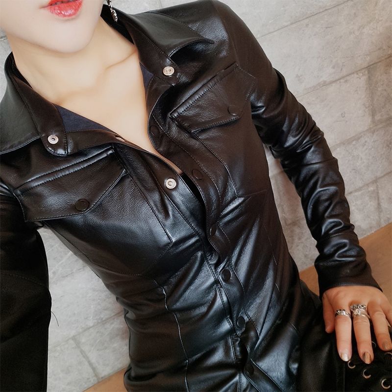 autumn PU Shirt Women Solid Faux Leather Shirt Blouse Vintage Button Tops Office Ladies Blusas Female Camiseta 210225