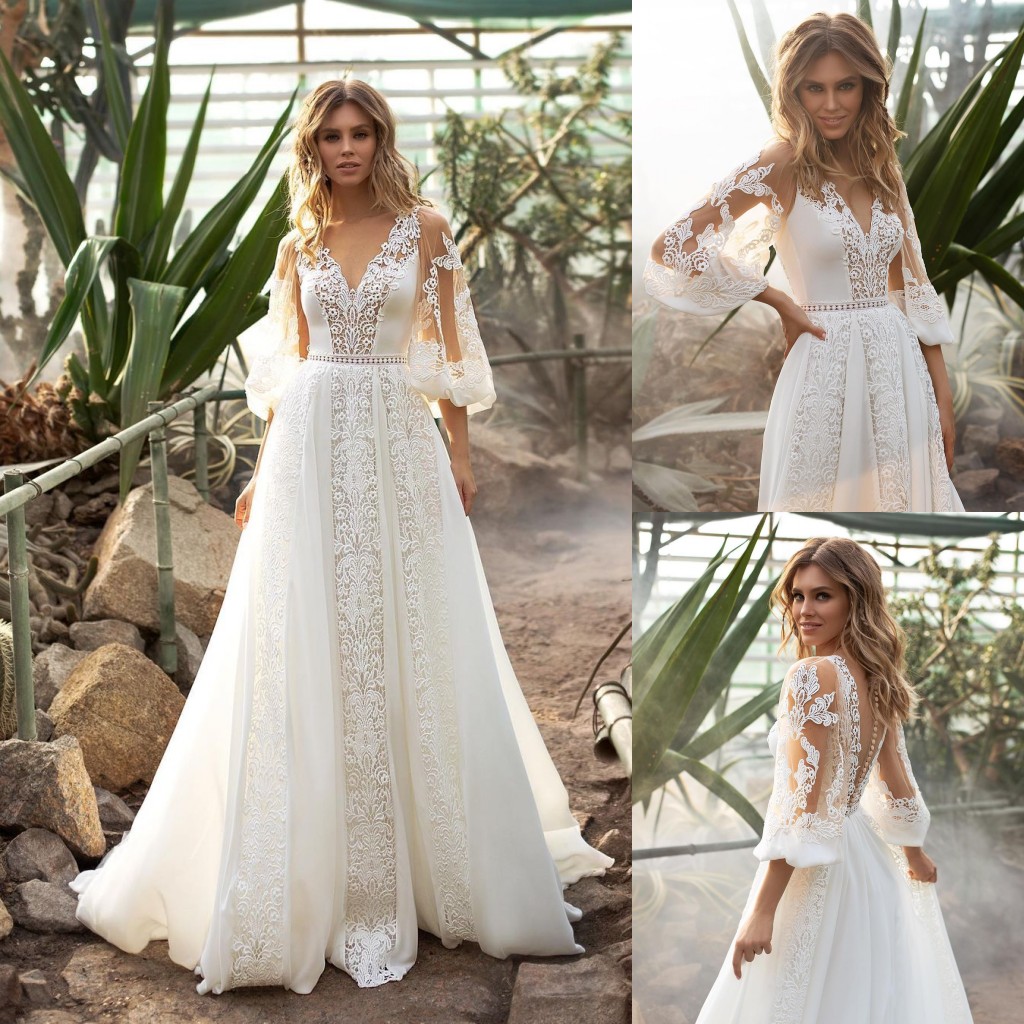 Line Amazing A Lace Wedding Dresses V Neck Long Sleeves Bridal Gowns Plus Size Satin Sweep Train Robe De Marie