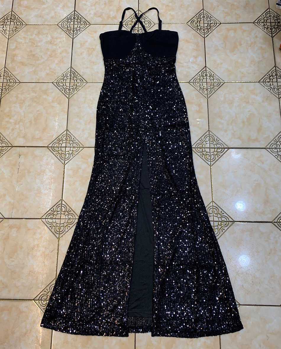 Summer High Quality Black Long Sequins Strapless V-Neck Fashion Tight Dress Nightclub Party 210525