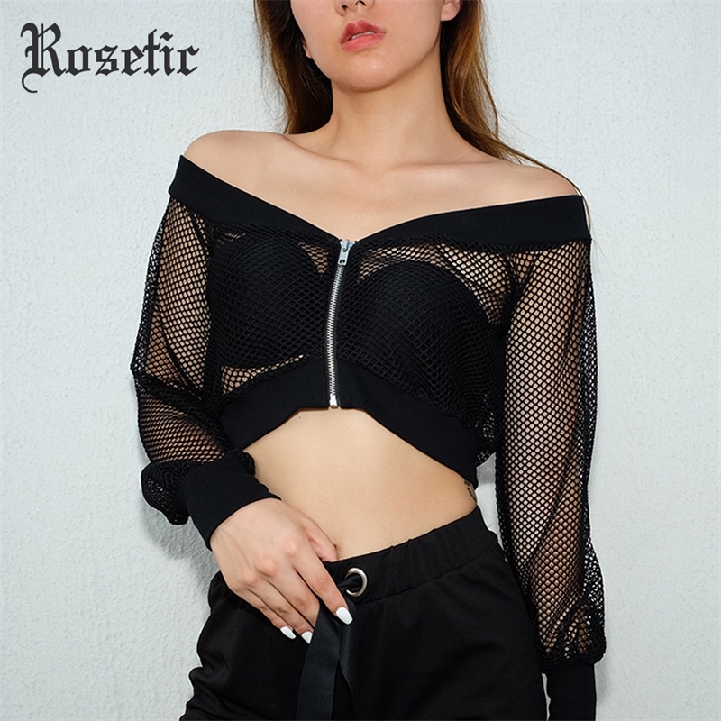 Rosetic Gothic Sexy Short Women Blouse Black Mesh See-Through Slash Neck Hollow Off Shoulder Long Sleeve Club Street Goth Blouse T200321