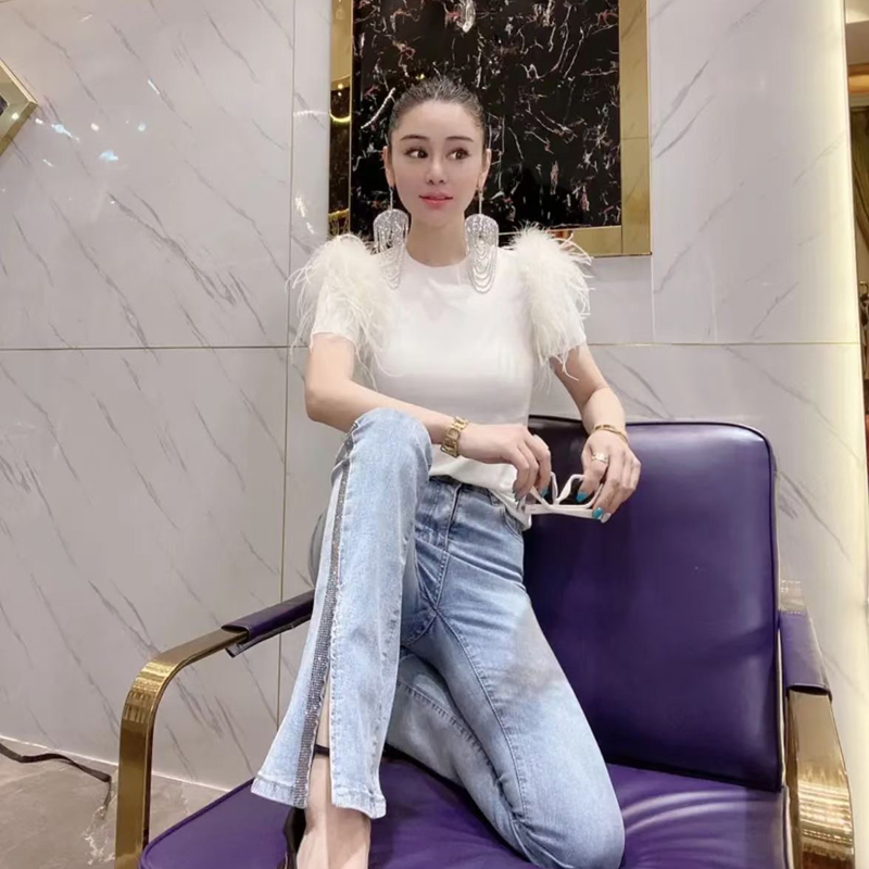 New design womens cute sweet luxury feather tassel patchwork short sleeve knitted o-neck bodycon slim waist tees SML