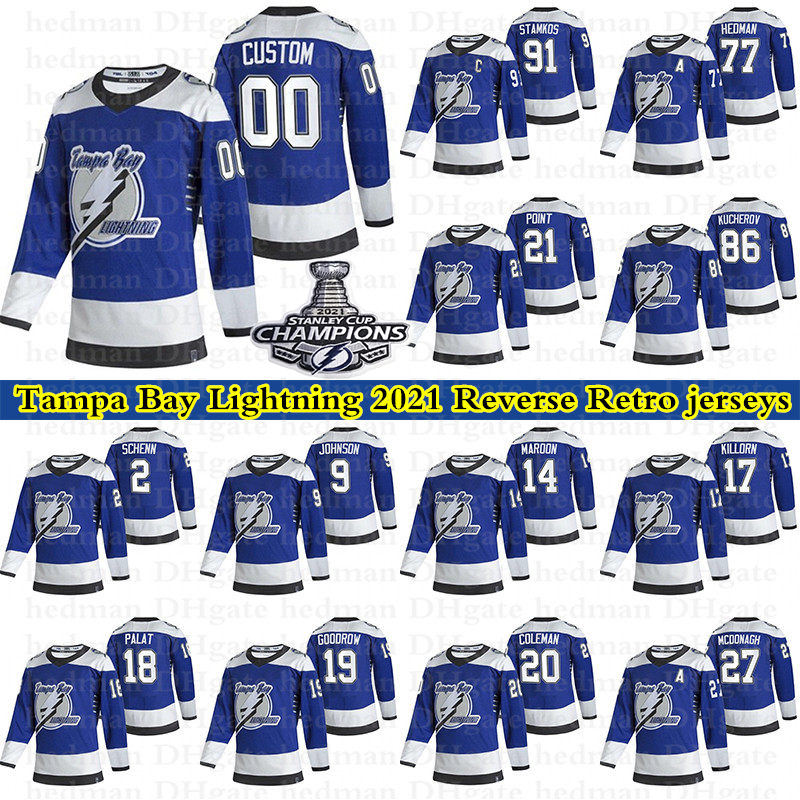 Tampa Bay Lightning hockey jerseys 91 Steven Stamkos 86 Nikita Kucherov 77 Victor Hedman 21 Brayden Point 2021 Reverse Retro jersey, 2021 finals patch
Tampa Bay Lightning hockey jerseys 91 Steven Stamkos 86 Nikita Kucherov 77 Victor Hedman 21 Brayden Point 2021 Reverse Retro jersey, 2021 finals patch