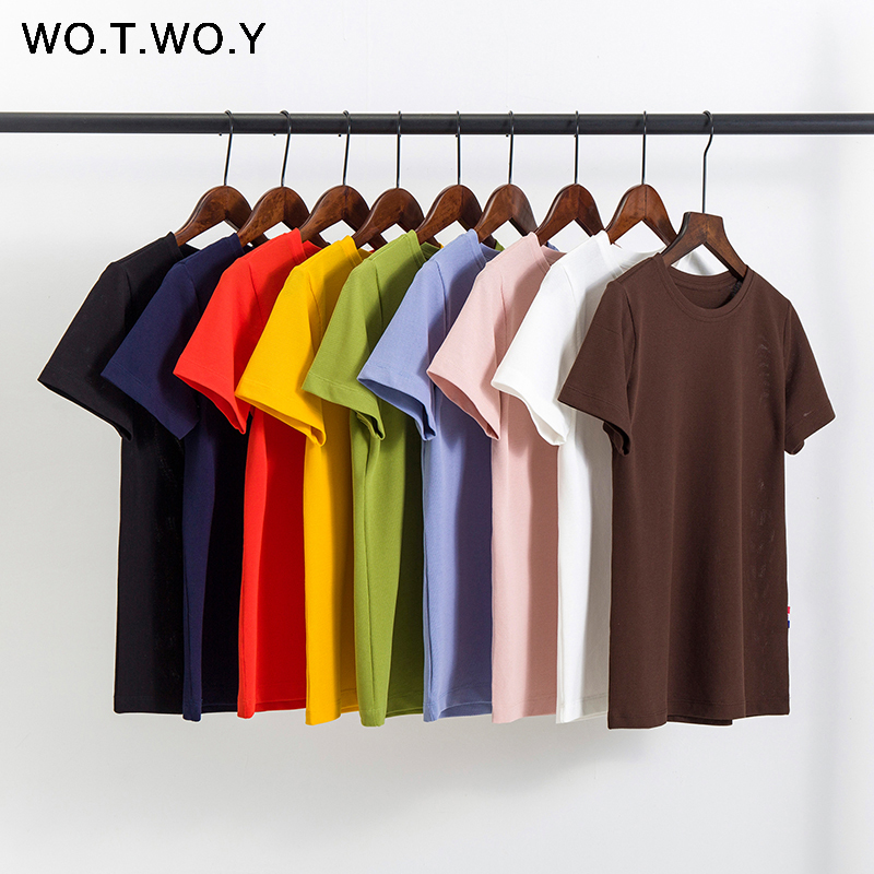 WOTWOY High Quality 9 Colors Basic Plus Size Cotton T-shirts Women Summer O-Neck Casual Tee Shirts Female Black Harajuku 210302