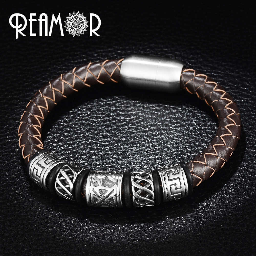 REAMOR Trendy Men Black Leather Bracelet 316l Stainless steel Viking Bead Bracelets with Strong Magnet Clasp 17-21cm 210918